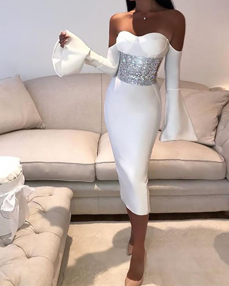 

Elegant Off Shoulder Flare Sleeve Bodycon Dress, White