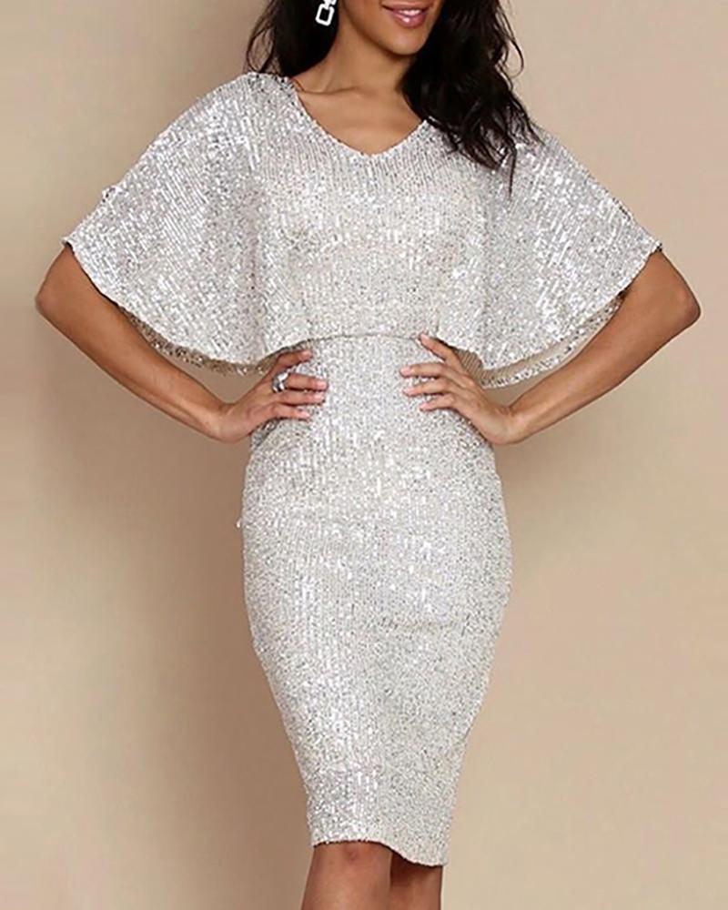 

Glitter V-Neck Short Sleeve Sequins Dress, White