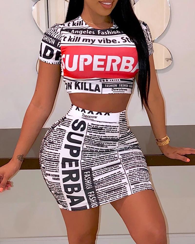 

Newspaper Print Short Sleeve Crop Top & Skirt Sets, White