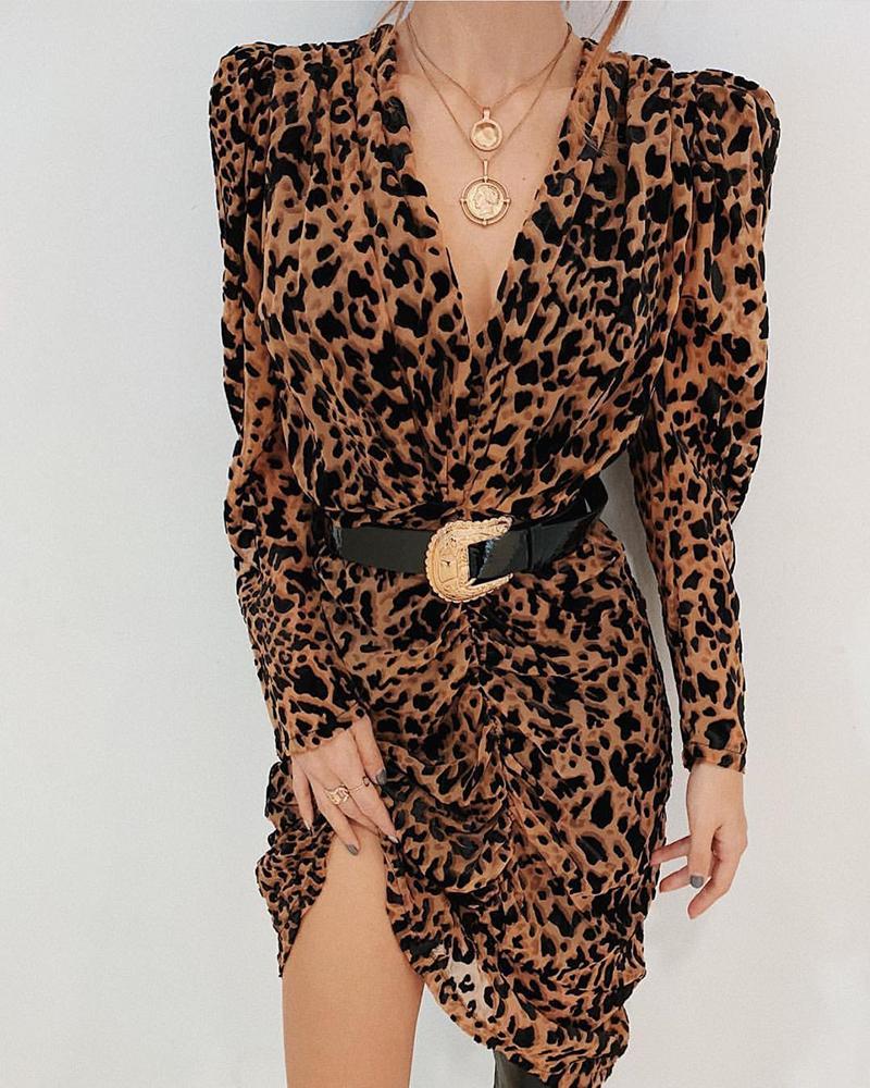 

Leopard Print Puff Sleeve Ruched Dress