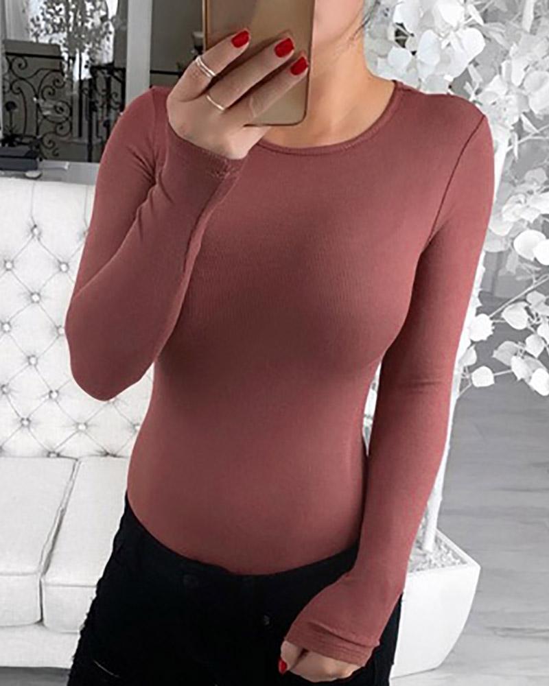 

Solid Round Neck Long Sleeve Bodysuit, Coffee