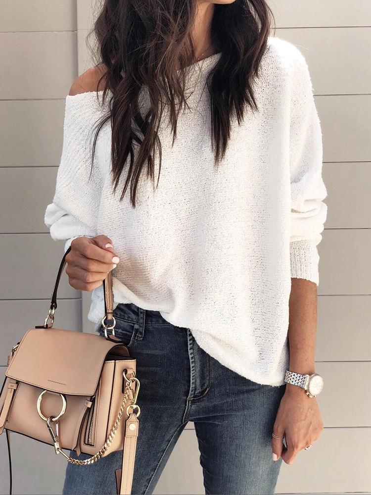 

Solid Long Sleeve Boat Neck Casual Top, White