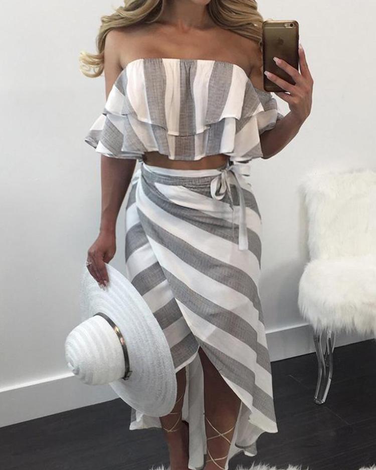 

Striped Ruffles Crop Top & Wrap Skirt, Gray
