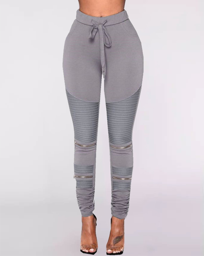 

Plus Size Drawstring Zipper Design Skinny Fold Pants, Gray
