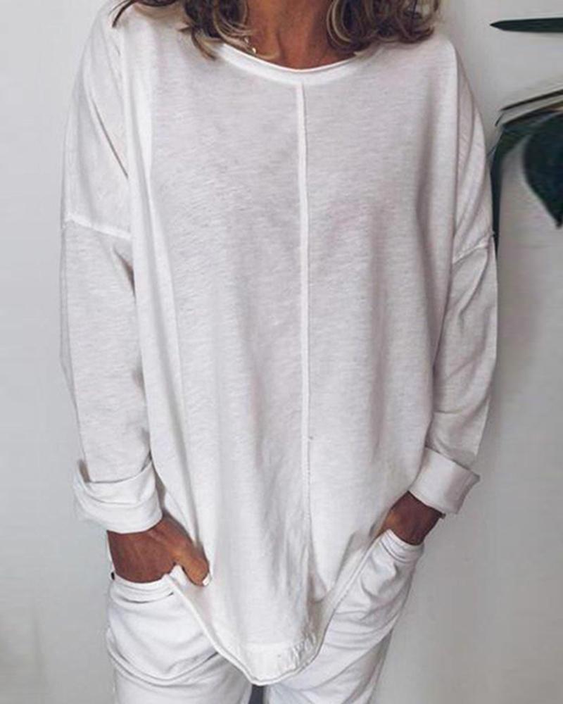 

Solid Color Loose Sleeve Pullover Tops, White