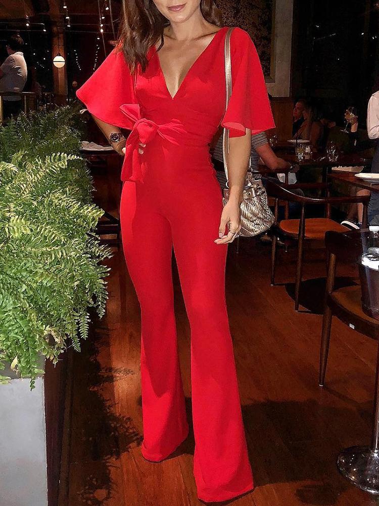 

Deep V Neck Tie Waist Flared Jumpsuit, Red