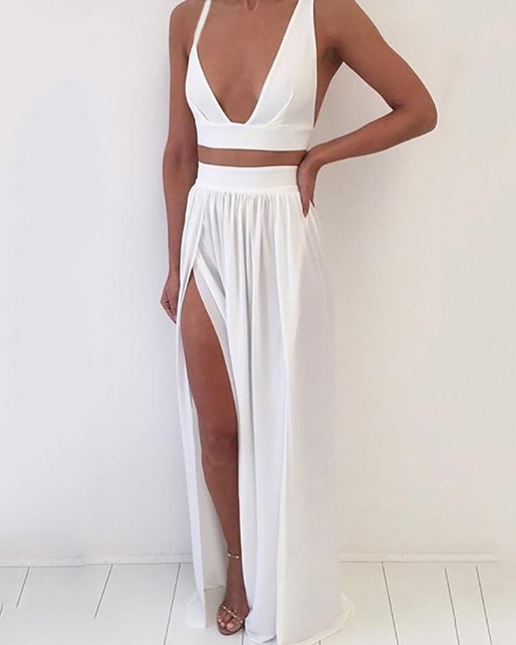

Sexy Low Cut Cropped High Slit Skirt Sets, White;black