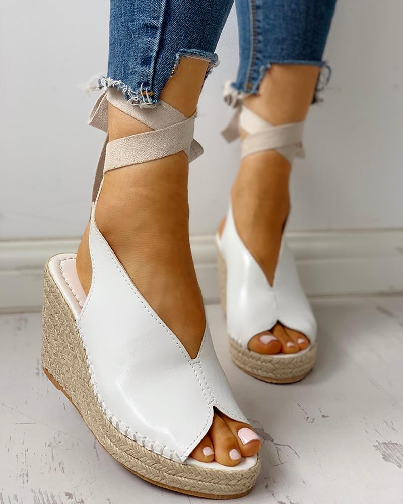 

Suede Knotted Ankle Platform Wedge Sandals, White