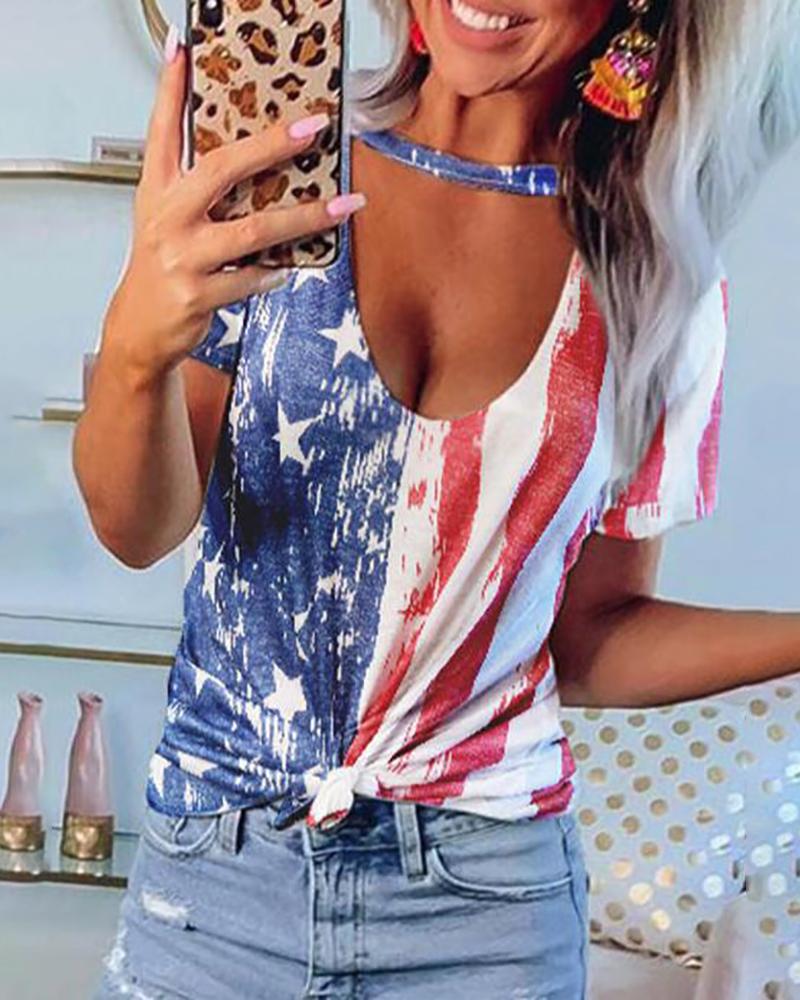 

Flag Print Colorblock Cutout Front T-shirt, Blue