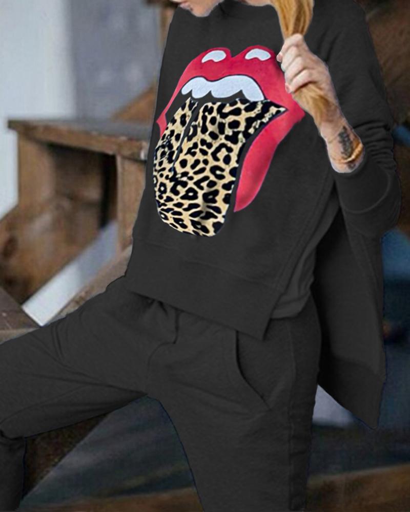 

Leopard Lip Print Long Sleeve Top & Pants Set, Black