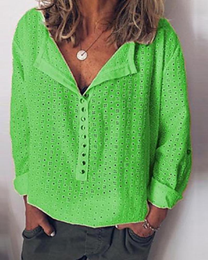 

Hollow Out V Neck Blouse, Green