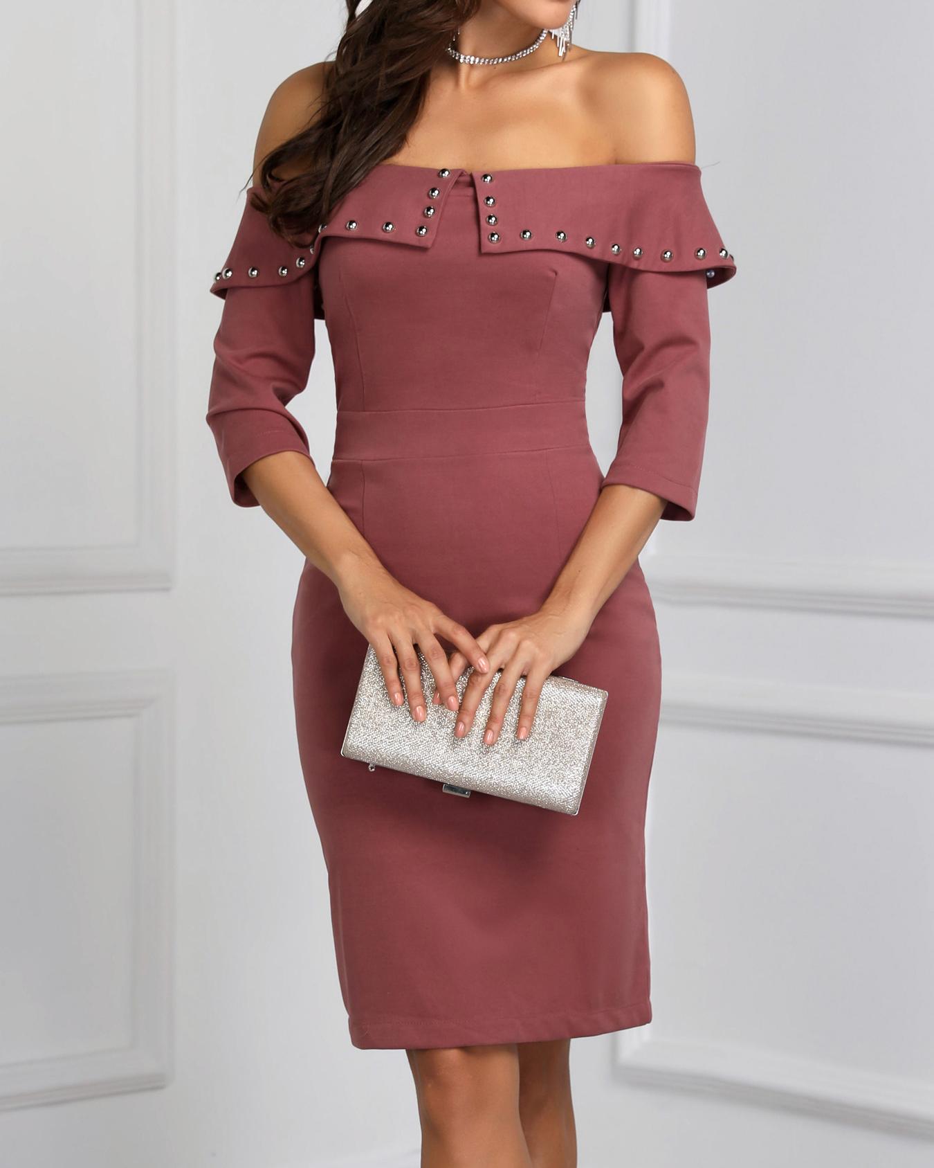 

Off Shoulder Fold-Over Beaded Dress, Red bean