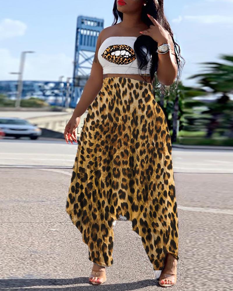 

Mouth Pattern Tube Top & Leopard Harem Pants Sets