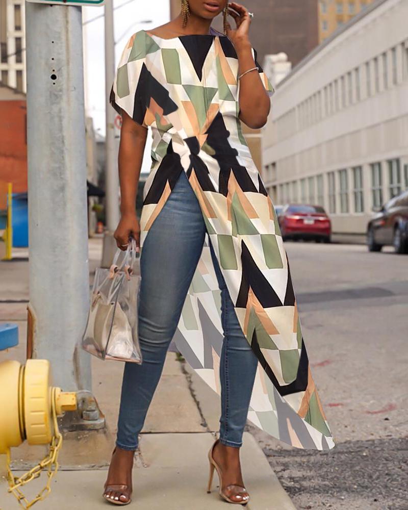 

Geo Print Short Sleeve Slit Irregular Top, Multicolor
