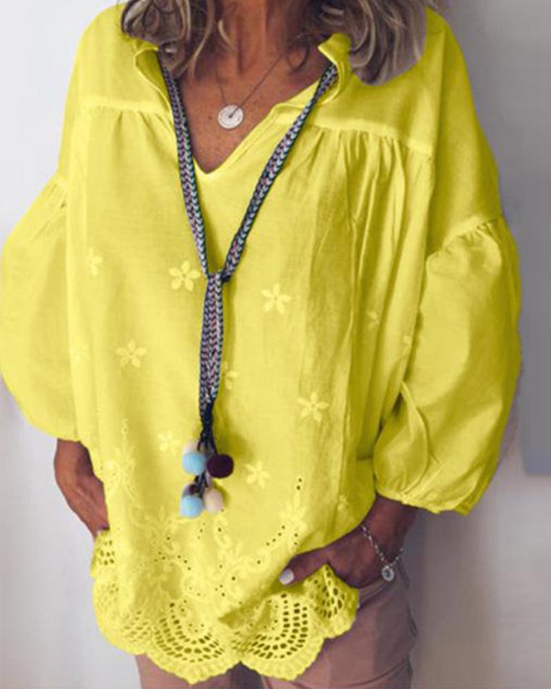 

Linen Lace Trim Blouse, Yellow