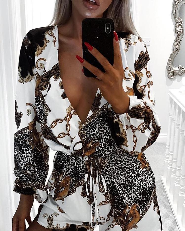 

Chain & Leopard Print Long Sleeve Rompers, White
