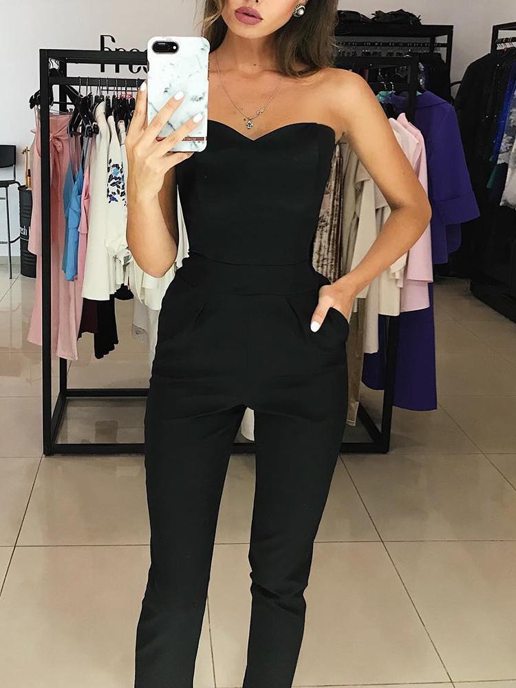 

Sweetheart Neck Strapless Pocket Jumpsuits, Black
