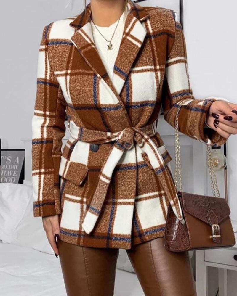 

Plaid Long Sleeve Lace-up Waist Duffle Coats, Coffee