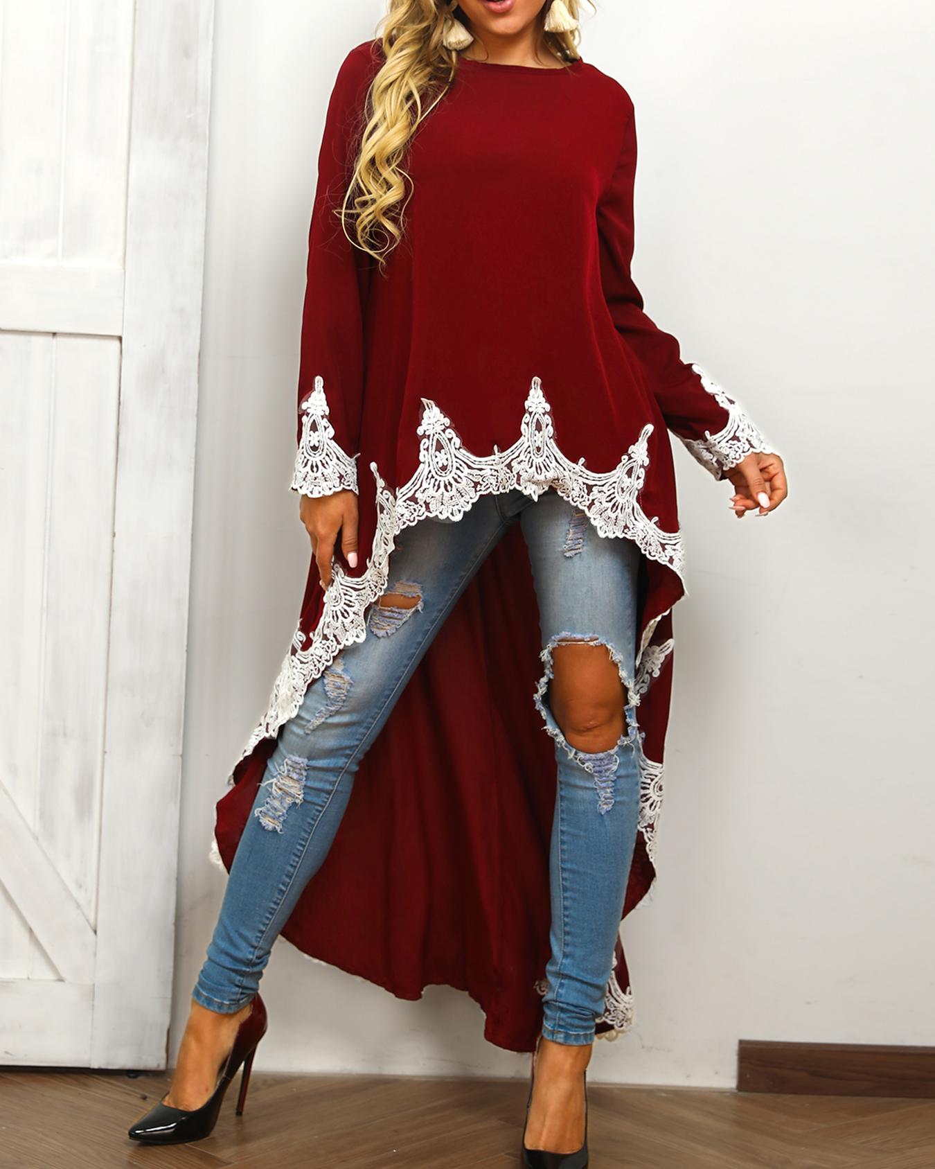 

Lace Trim Keyhole Back Dip Hem T-Shirt, Wine red