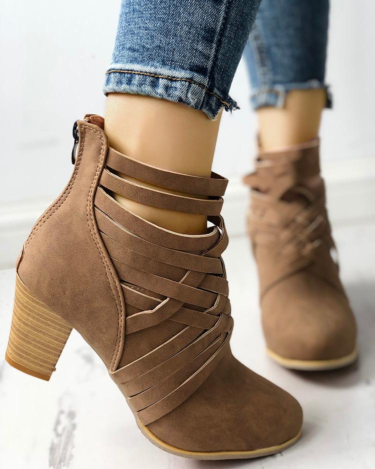 

Crisscross Caged Ankle Boots, Brown