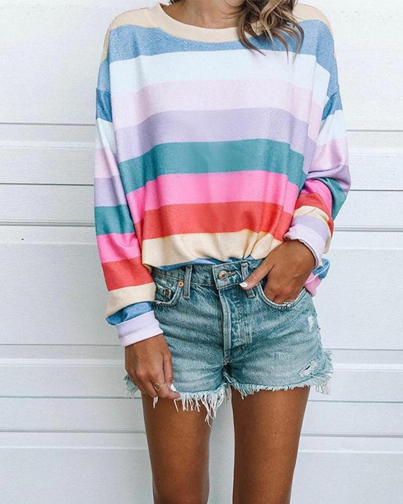 

Printed Round Neck Long Sleeve Striped T-shirt, Multicolor