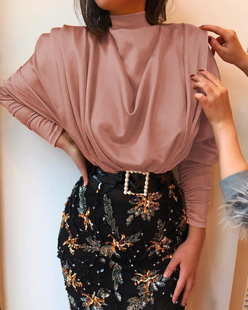 

High Neck Batwing Sleeve Drape Front Blouse, Pink
