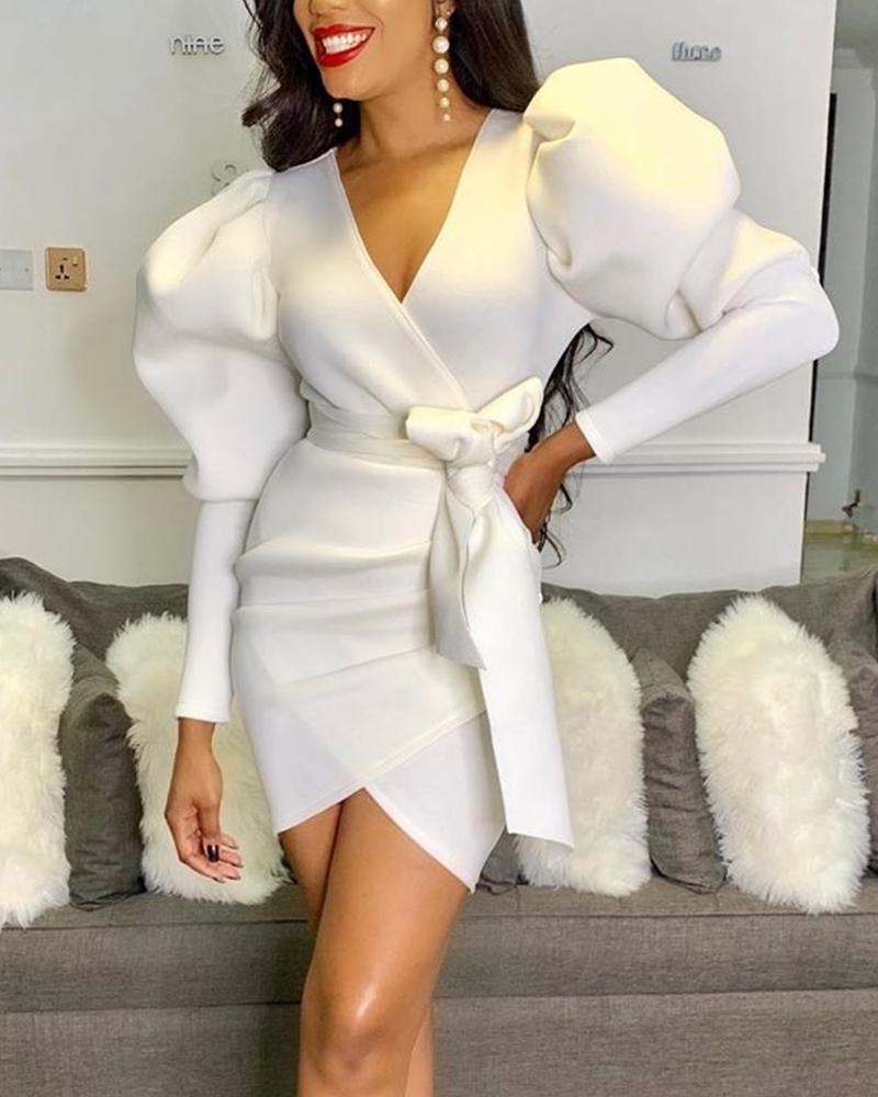 

Plain Puff Sleeve Wrap Dress