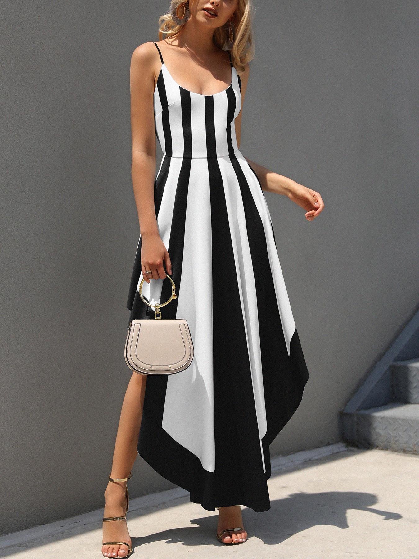 

Contrast Striped Belted Irregular Party Dress