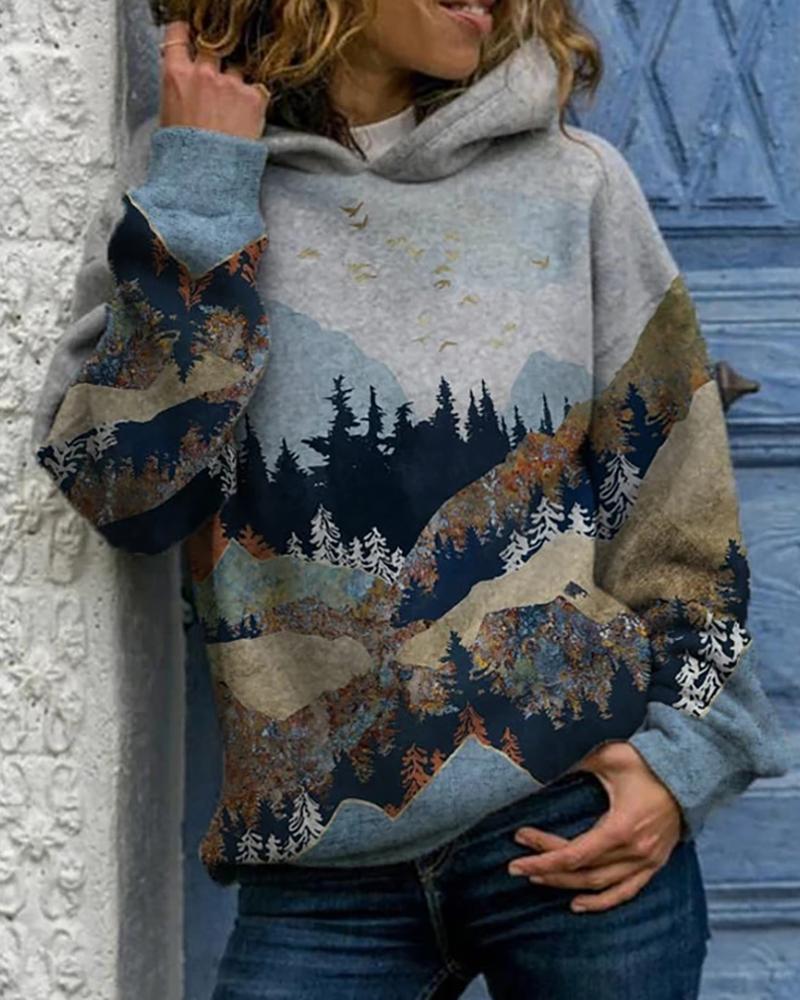 

Halloween Mountain Print Hooded Top, Gray