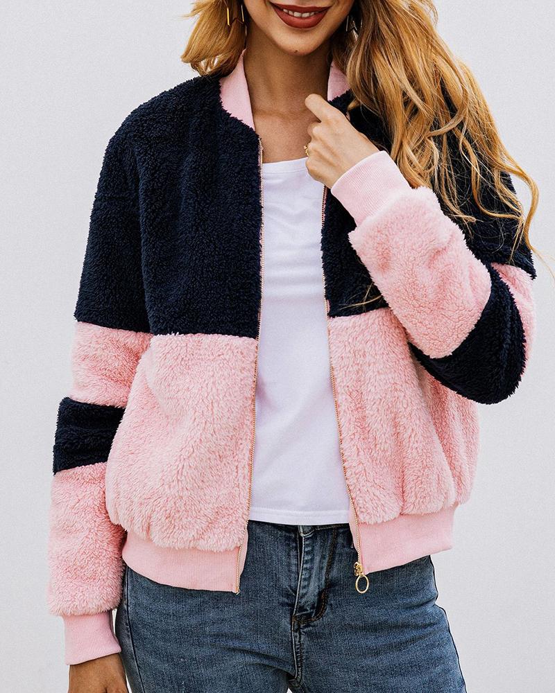 

Colorblock Zipped Long Sleeve Casual Coat, Pink