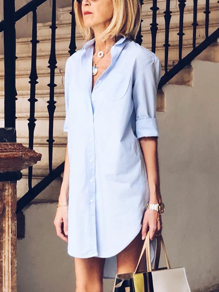 

Solid Curve Hem Button Through Shirt Dress