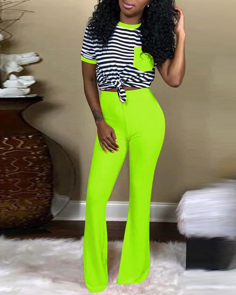 

Colorblock Striped Tee & Flared Pants Sets, Green