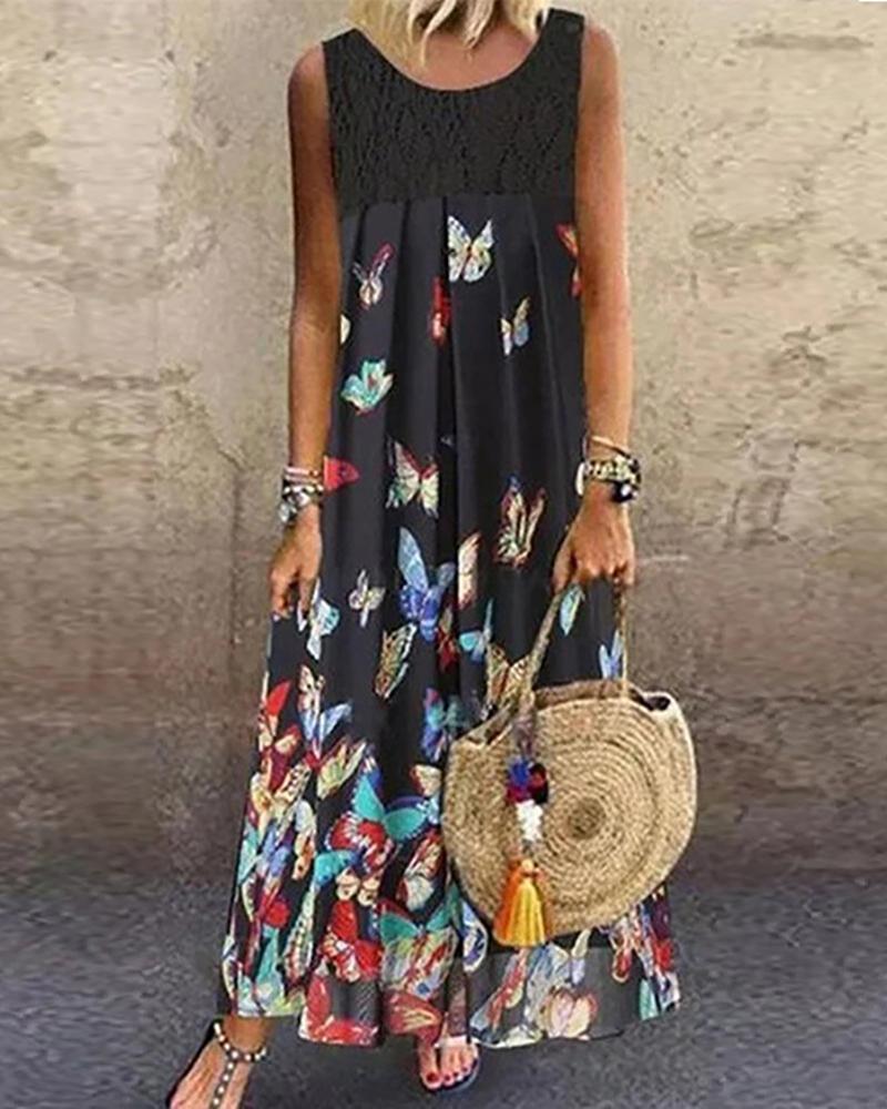 

Butterfly Print Sleeveless Casual Maxi Dress, Black