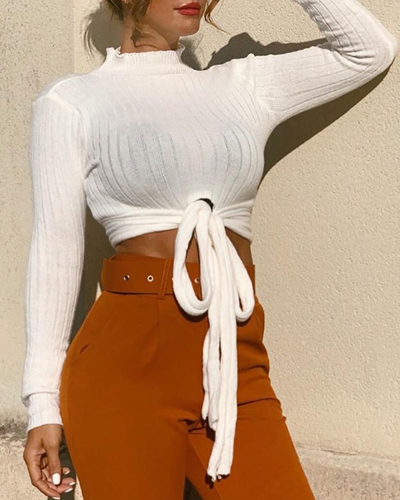 

Solid Knotted Long Sleeve Crop Sweater, White