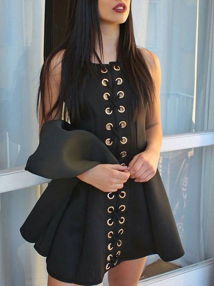 

Sleeveless Eyelet Lace-up Pleated Mini Dress, Black
