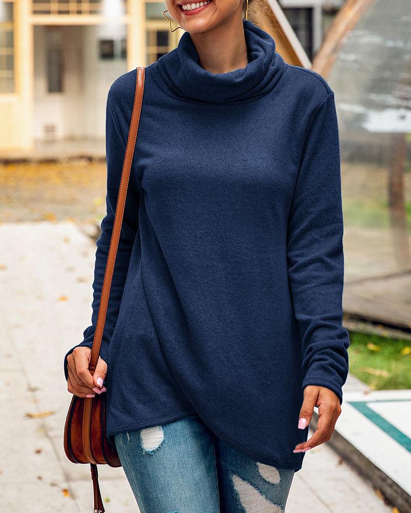 

Solid High Neck Long Sleeve Casual Blouse, Dark blue