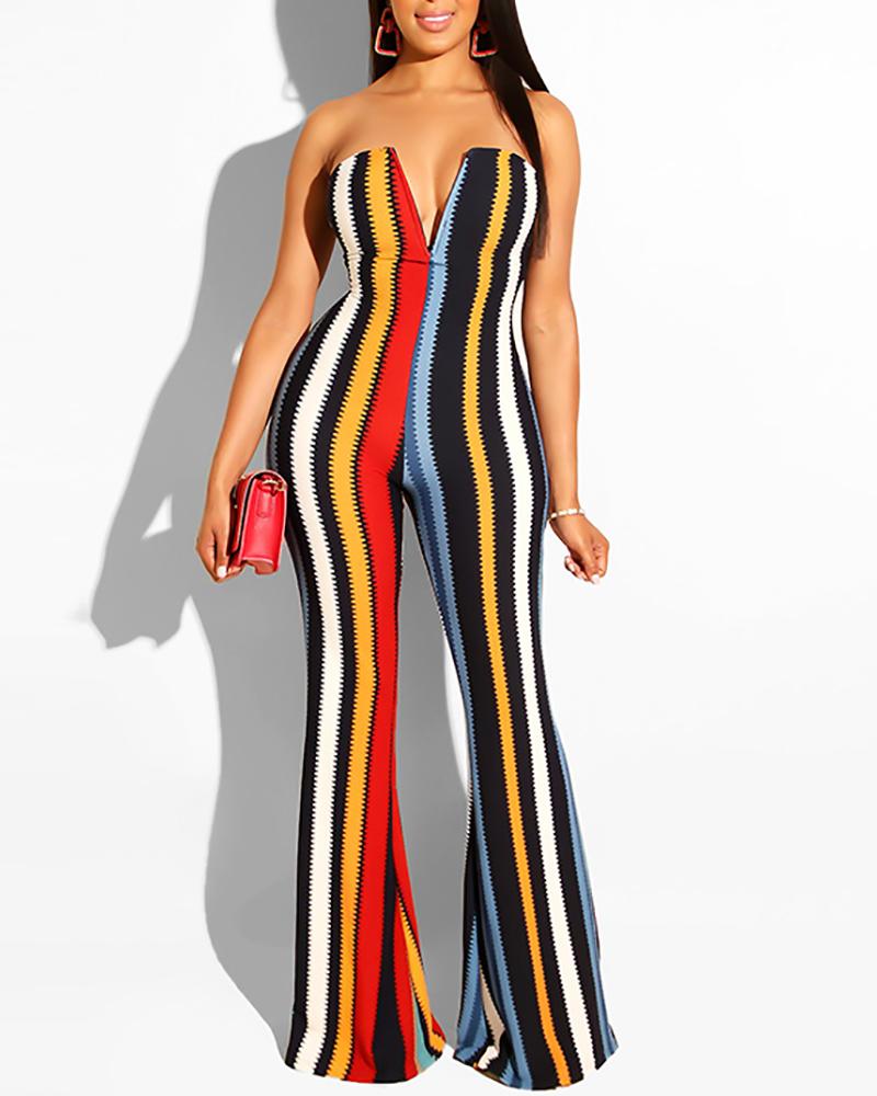 

V-Neck Striped Sleeveless Jumpsuit, Multicolor