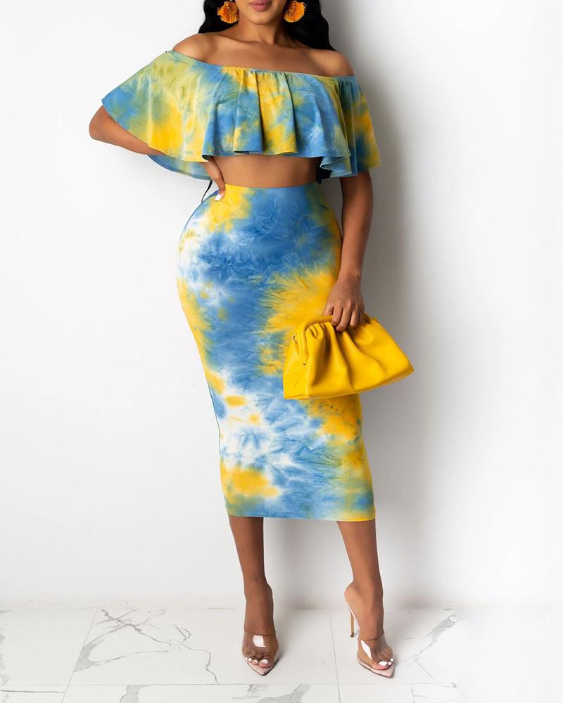 

Tie Dye Print Off Shoulder Ruffles Top & Midi Skirt Set, Blue