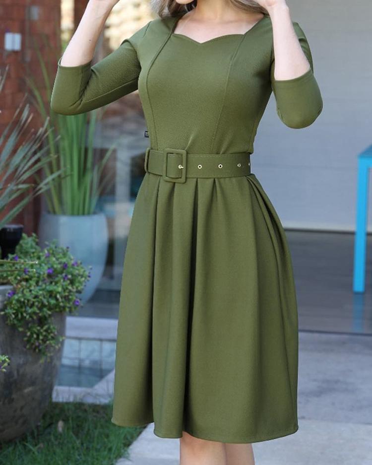 

Solid Self Belted Pleated Casual Dress, Army green