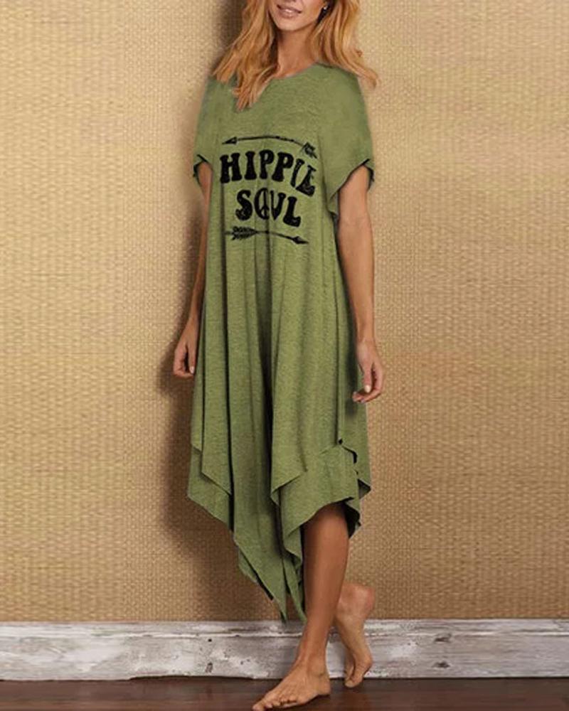 

Letter Print Round Neck Irregular Dress, Green