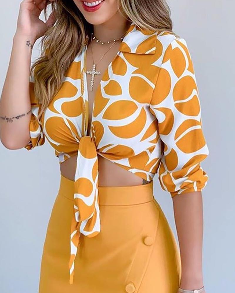 

Long Sleeve V-Neck Print Blouse, Yellow