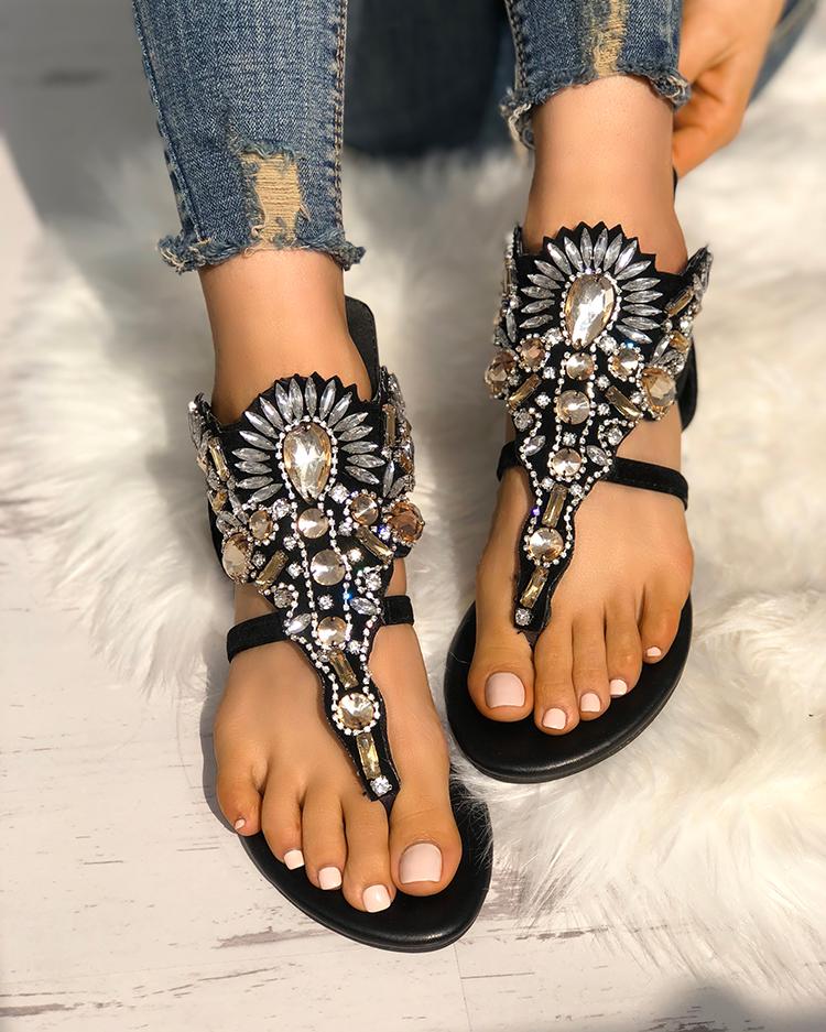 

Exaggerated Shiny Patchwork Toe Post Flat Sandals, Black