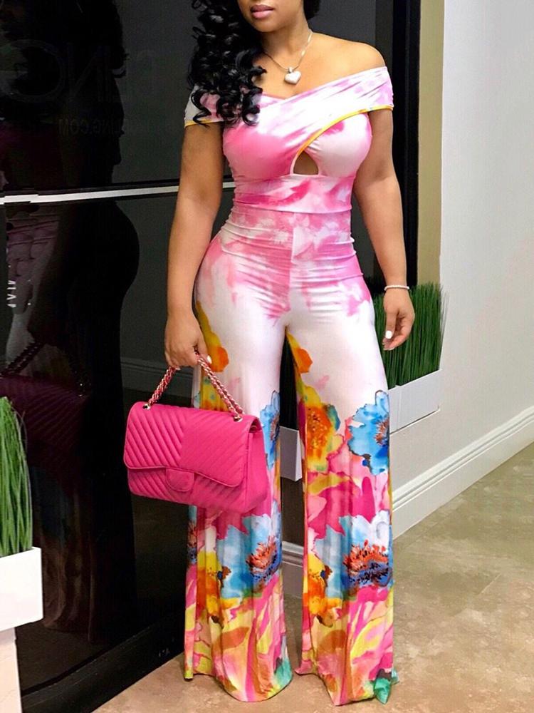 

Tie Dye Floral Pattern Cross Over Slinky Jumpsuit