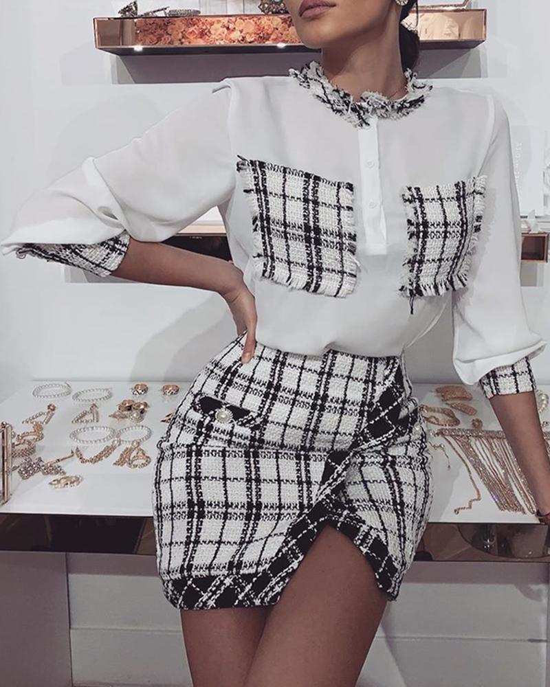 

Grid Print Insert Top & Skirt Sets, White