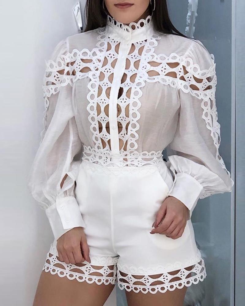 

Lantern Sleeve Hollow Out Trim Top & Short Sets