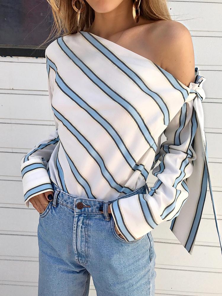 

Stripes Skew Neck Knotted Sleeve Blouse, Blue