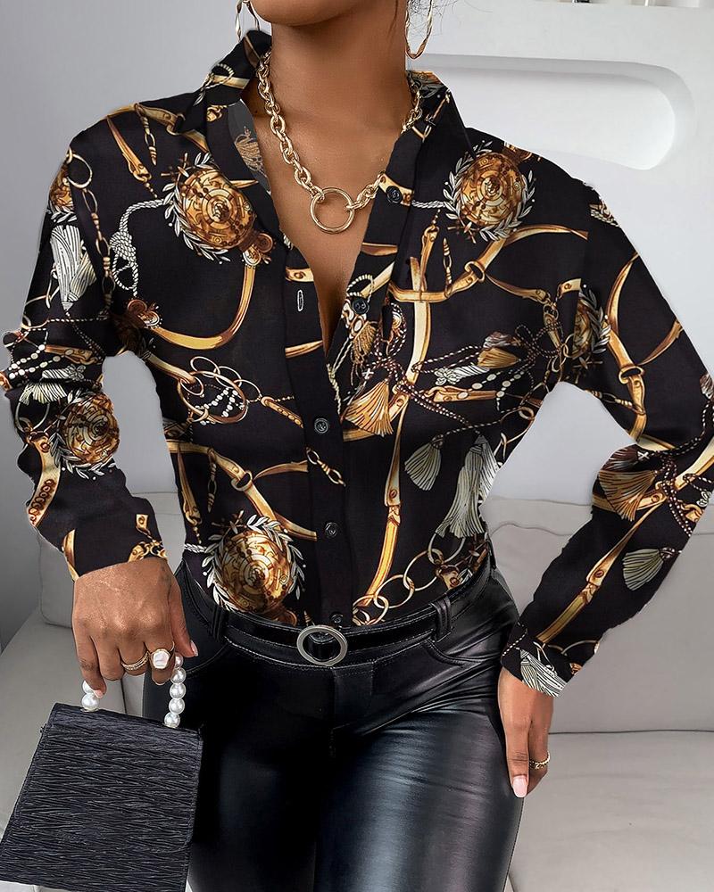 

Button Design Scarf Print Long Sleeve Shirt, Black