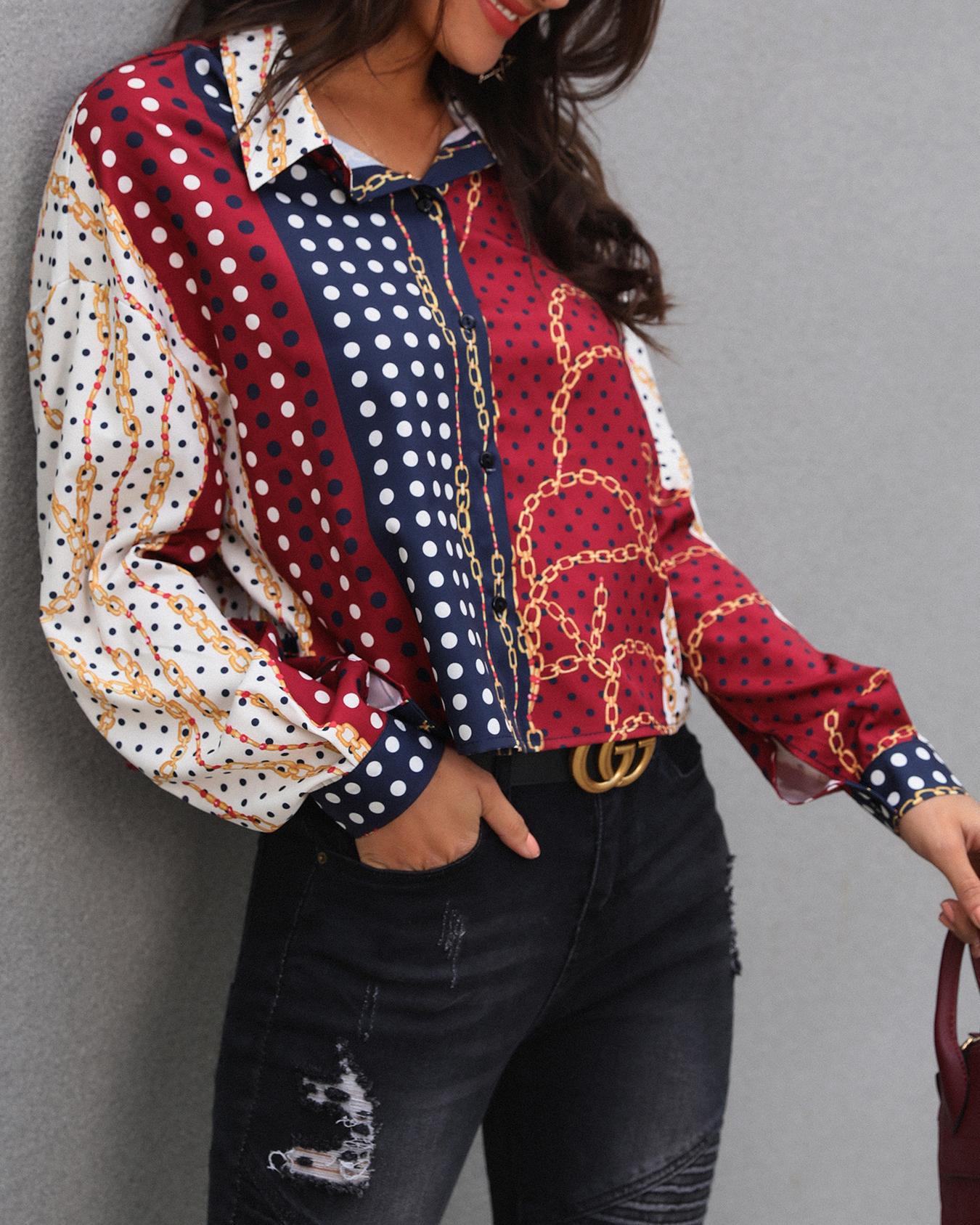 

Colorblock Splicing Chain Print Shirt, Red