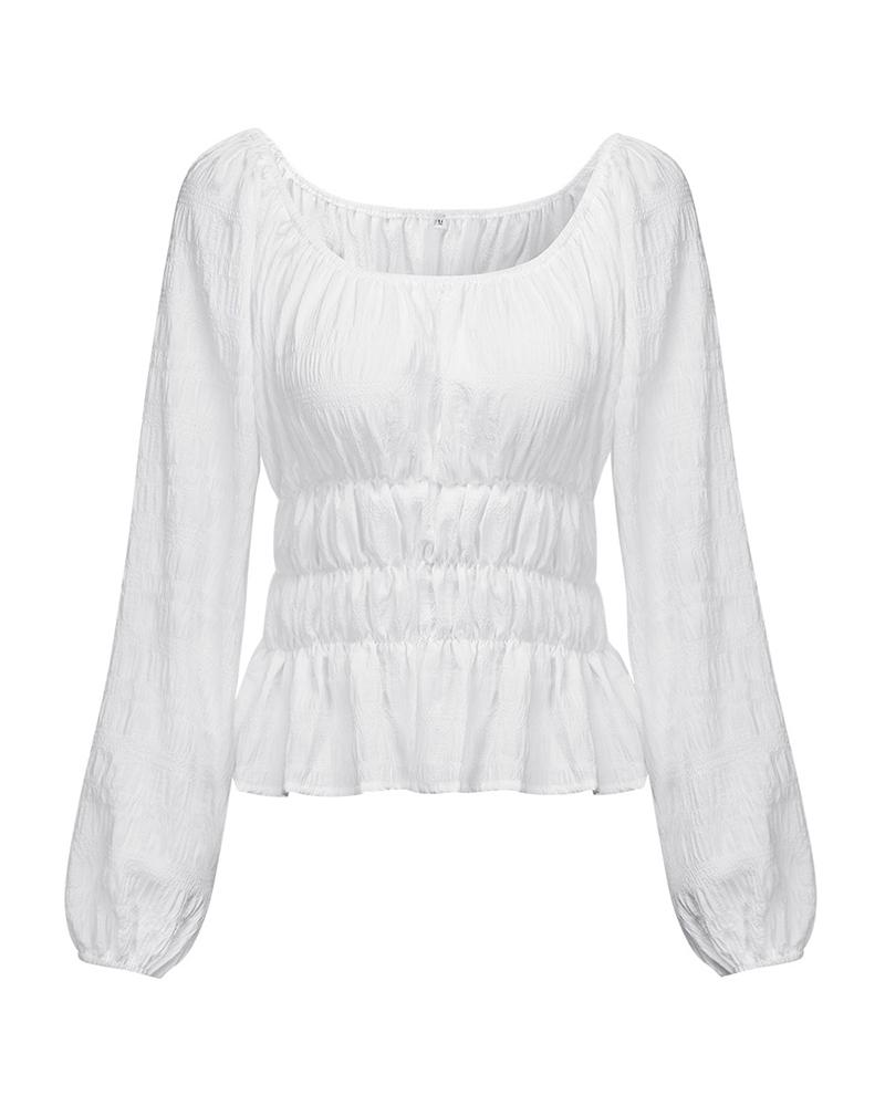 

Solid Long Sleeve Fitting Ruffles Blouse, White