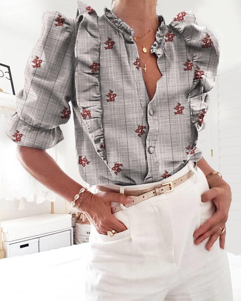 

Print Puff Sleeve Frill Design Buttoned Blouse
